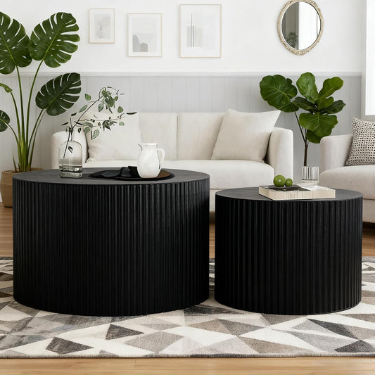 Round Nesting Coffee Table Black Round Fluted Coffee Table Set of 2 for Living Room Small Circle Drum Nested Coffee Tables (Black A 27in)
