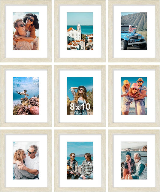 Vittanly 8x10 Picture Frames Set of 9, Shatter Resistant Plexiglass, Display 5x7 Pictures with Mat or 8x10 without Mat, Photo Frames for Wall or Tabletop, Engineered Wood, Cornsilk