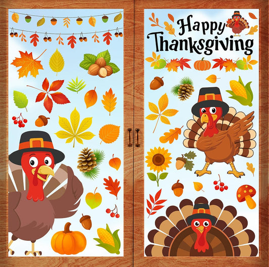 Thanksgiving Window Clings - 9 Sheets 114 Pcs Thanksgiving Decorations for Fall Autumn Harvest Home Party, Pumpkin Leaves Turkey Acorns Stickers for Glass, Double-Sided Static Window Decals