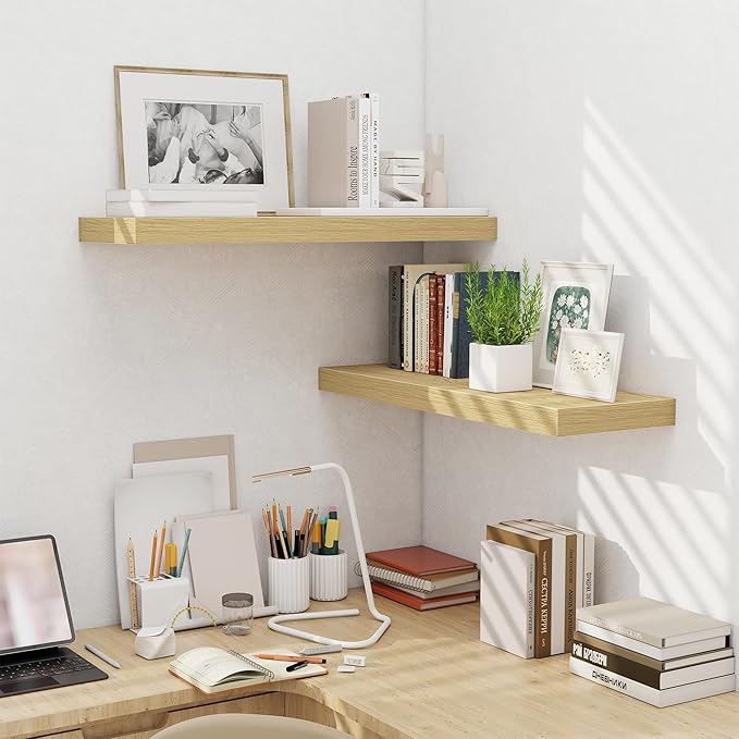 Fun Memories 32 x 10 Floating Shelves Wall-Mounted - Rustic Wood Shelf - 10 Inch Deep Floating Shelves for Wall - Large Storage Shelf for Bathroom - Kitchen & Bedroom - Oak - Set of 2