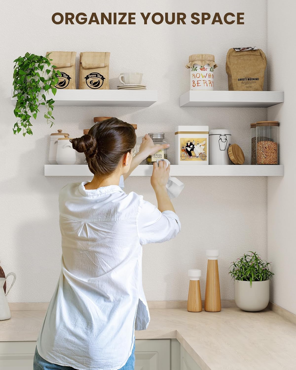 Marsmiles 72" Floating Shelves for Wall, Wooden Shelves with Invisible Brackets Set of 2, Rustic Farmhouse Wall Mounted Shelf for Kitchen Bathroom Living Room Study, White