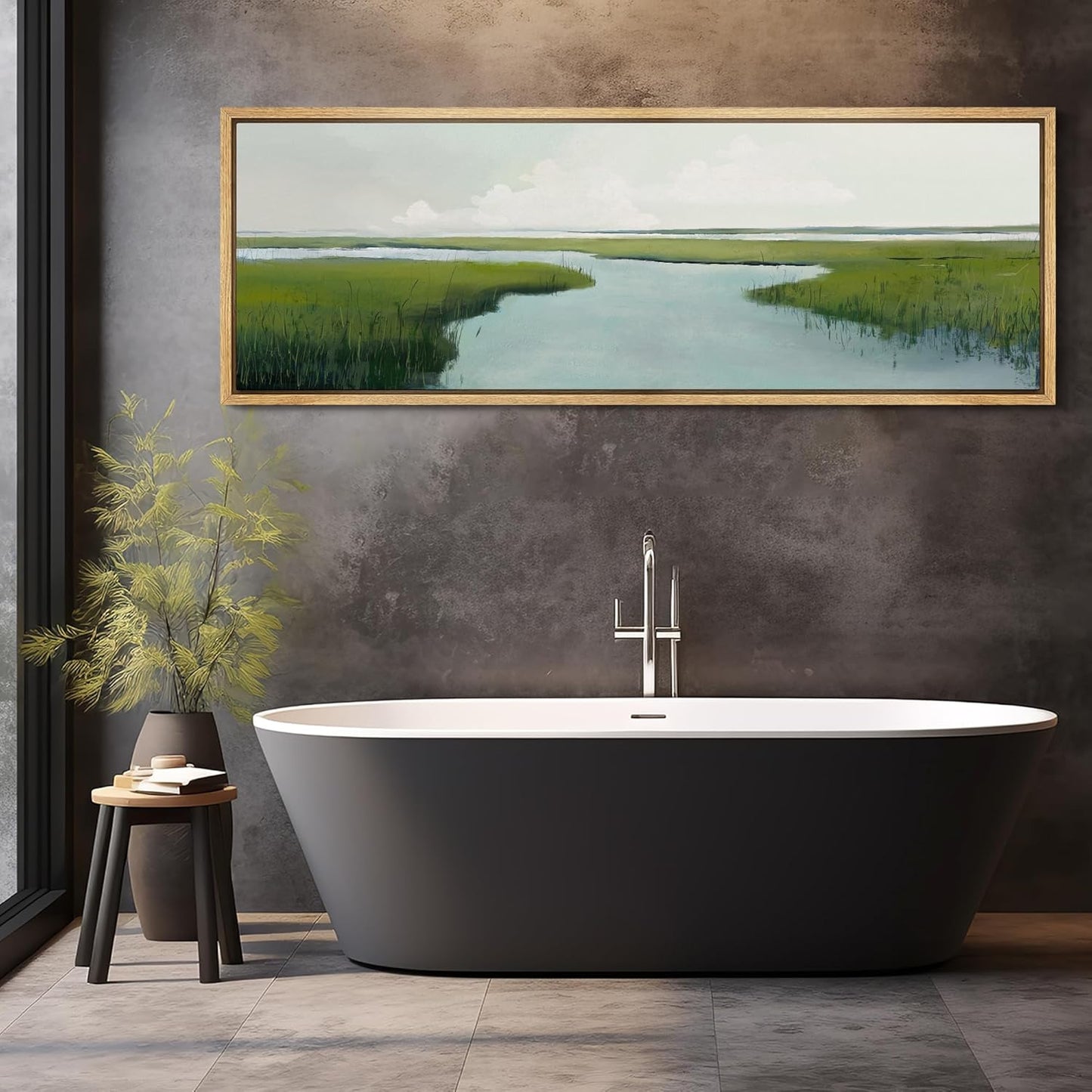 MUDECOR Large Framed Canvas Print Wall Art Serene Marshland Landscape Green and Blue Peaceful Illustrations Antique Retro Fine Art Illustrations Decorative Colorful for Bedroom - 60"x20"