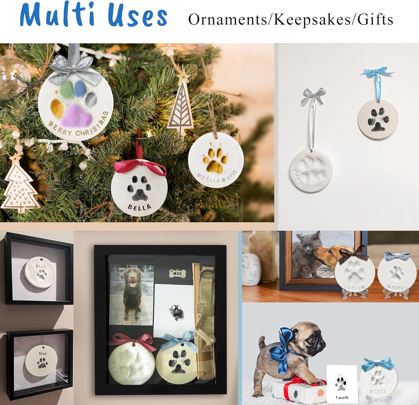 Clay & Ink Paw Print Kit,Make 3 Pawprint Ornaments(2 Clay&1 Ink),Dog Cat Paw/Nose Print Keepsake,Clean Touch Ink Pad & Soft Clay, Inkless Pet Paw Print Impression Kit,Pet Christmas Ornament
