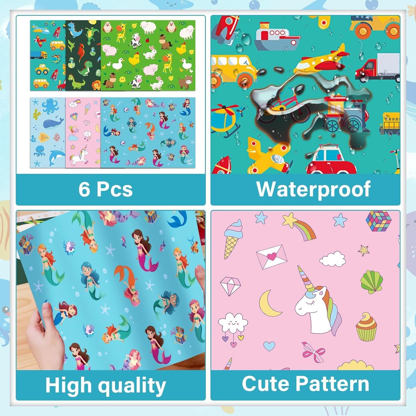 Unicorn Mermaid Kids Placemats Set of 6 Transport Dinosaur Plastic Table Mats Toddler Children Farm Ocean Animal Place Mats Washable Table Decoration for Indoor Outdoor Party Kitchen Dining