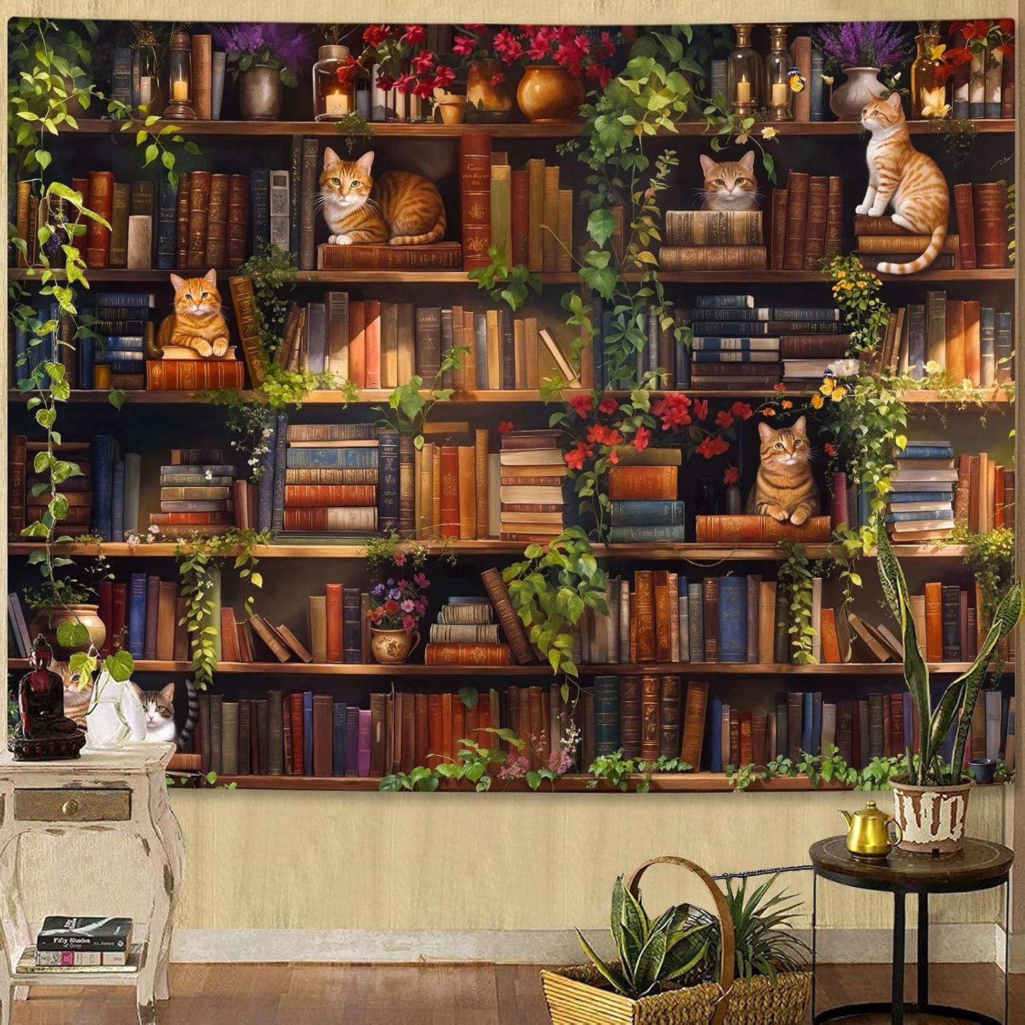 Accnicc Plant Cat Bookshelf Tapestry Botanical Floral Flower Cats Book Tapestries Wall Hanging Vintage Library Extra Large Tapestry for Bedroom Living Room Dorm 90 x 68 inch