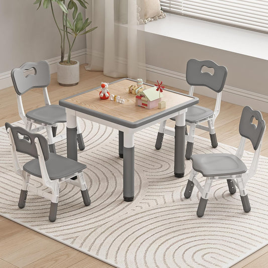 Kid Table and Chairs, Height Adjustable Childrens Table and Chair Set, Kids Tables for Age 2-8, Graffiti Desktop, Table for Kids with 4 Seats, Small Kids Table, Max 300lbs