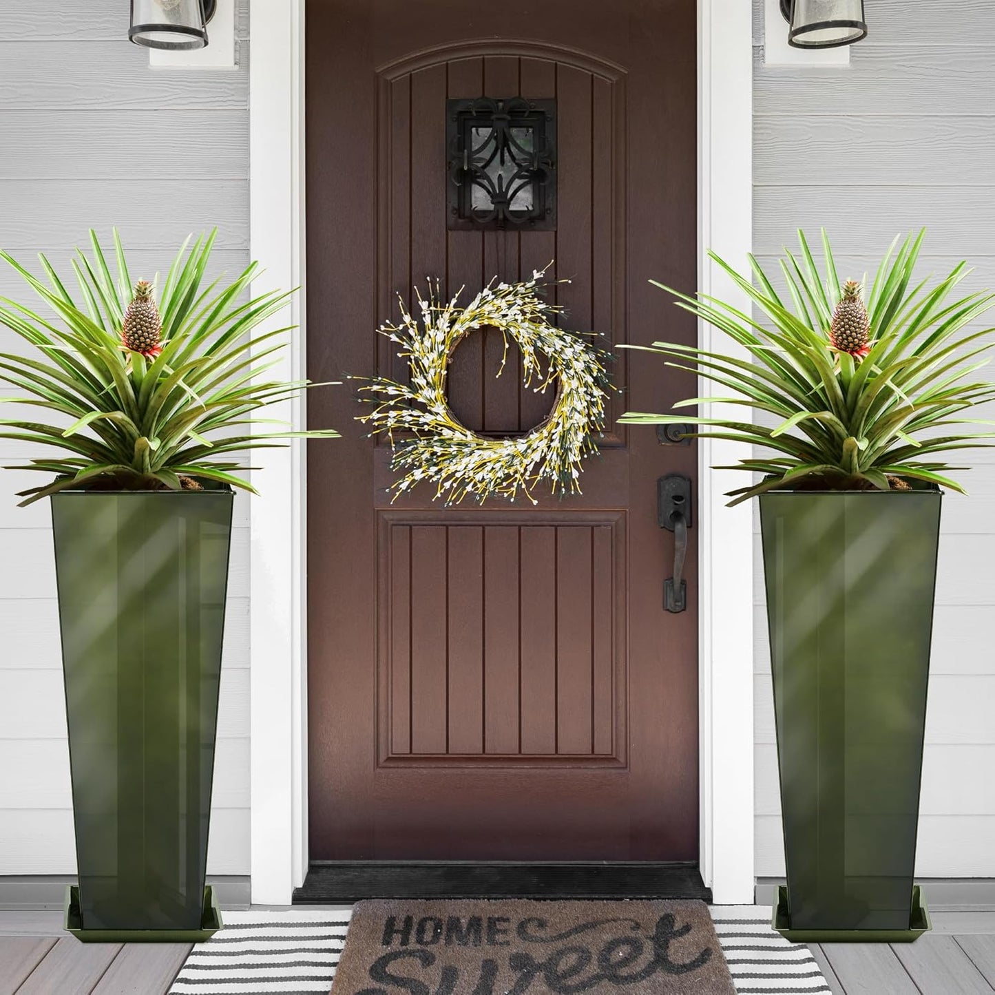 KOL 28''H. Tall Metal Planter with Saucer, Galvanized Steel Glazed Planter Pots with Drainage Hole for Indoor & Outdoor Use, Set of 2, Decorative Flower Plant Pots for Front Porch, Patio, Deck - Green