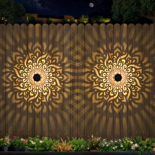 2 Pack Large Solar Fence Lights Metal Solar Powered Outdoor Wall Deck Step Lights Mandala Theme Waterproof Fence Light for Garden Post Patio Backyard Yard Decor, Gardening Gifts for Women Mom Grandma