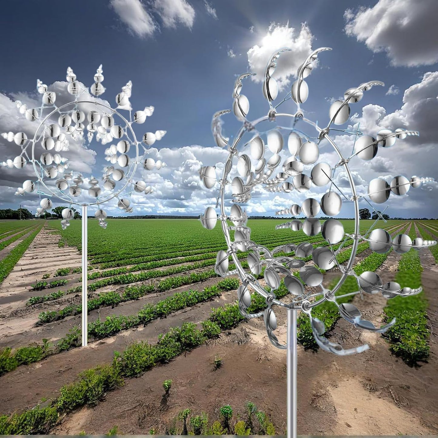 Unique and Magical Metal Windmill, 2Pcs Wind Spinners, 3D Wind Powered Kinetic Sculpture, Stainless Steel Wind Spinners, Wind Mill for Yard and Garden (2PCS-Silver)