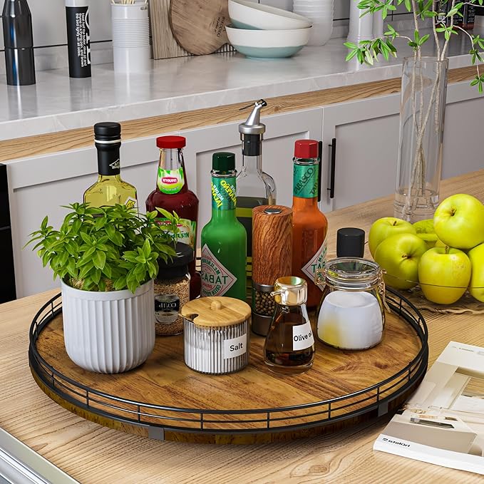 Farmhouse Oak 18" Lazy Susan Turntable Organizer for Cabinet, Round Wooden Lazy Susan Organization and Storage for Dining Table, Pantry, Kitchen, Countertop, Cupboard,Home Decor, Walnut Wood (18")