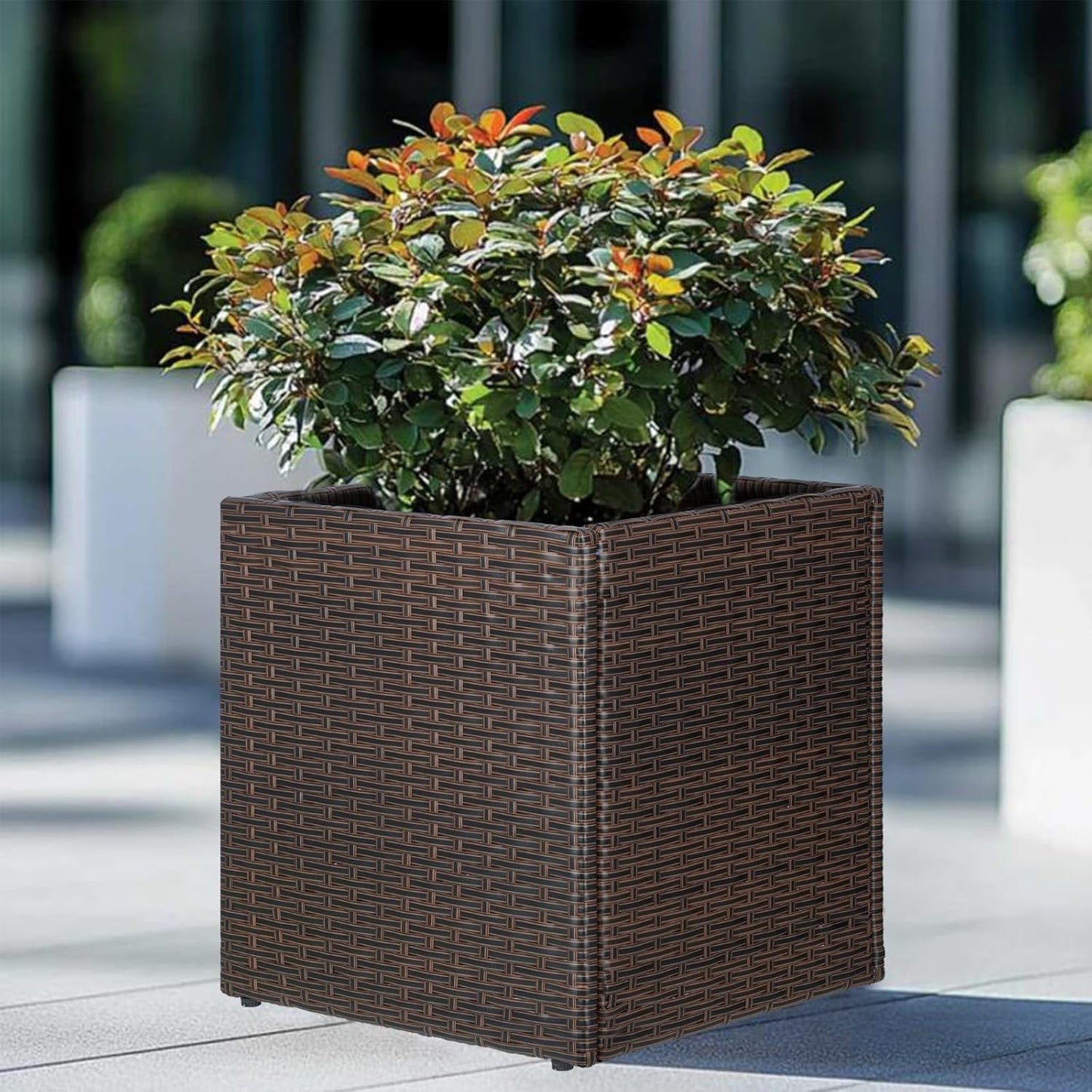 SUNNYPARK Set of 2 Large Square Planter with Removable Liner, All-Weather PE Rattan Modern Planters Indoor Outdoor Flower Plant Pots Garden Box Patio Yard Front Porch Deck