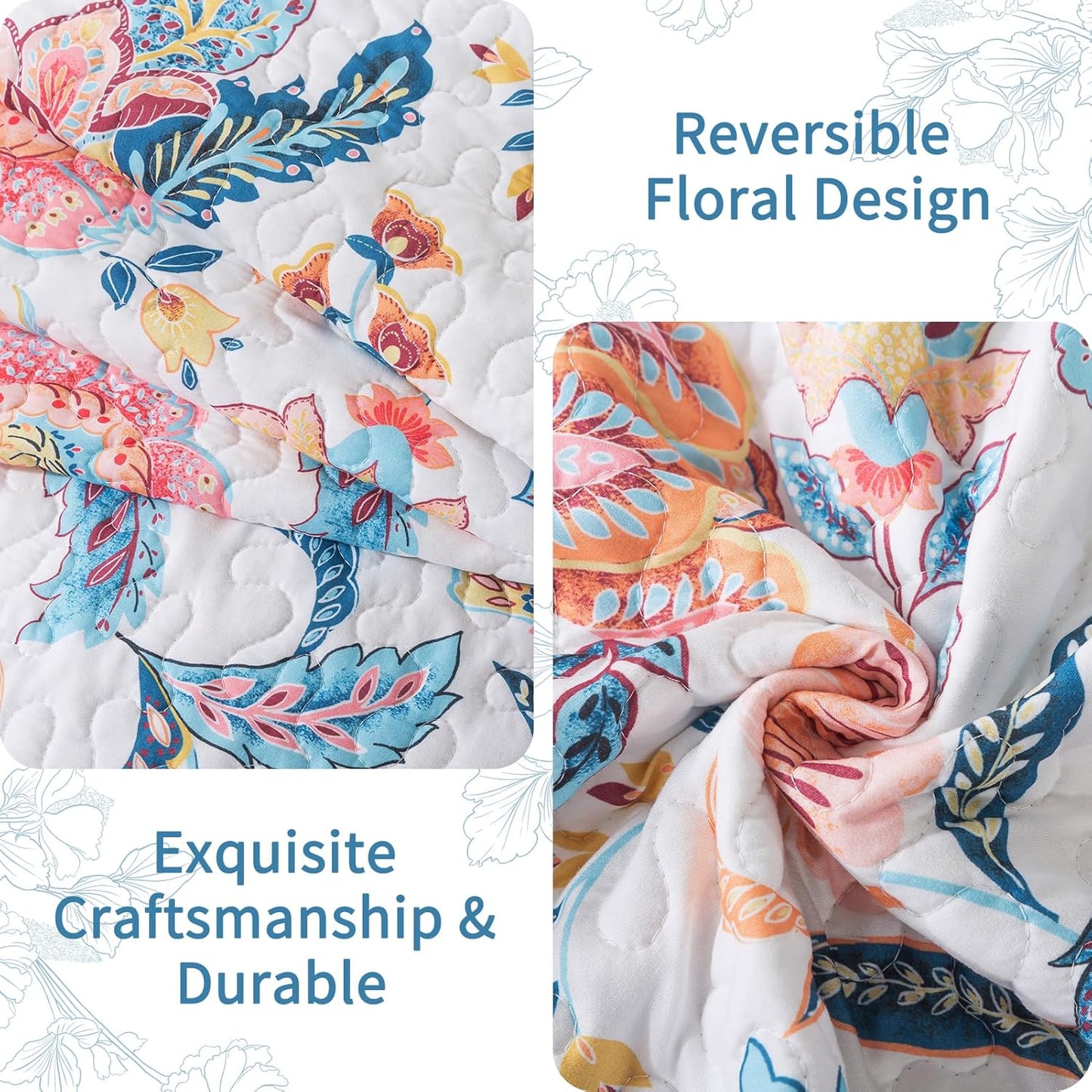 VAPUTAR Garden King Size Bedspread for Adults - Floral Quilt King Size Bedding Set (98 x 106 inch) with 2 Pillow Shams - Lightweight Reversible Coverlet Quilt for Bedroom, 3 Pieces