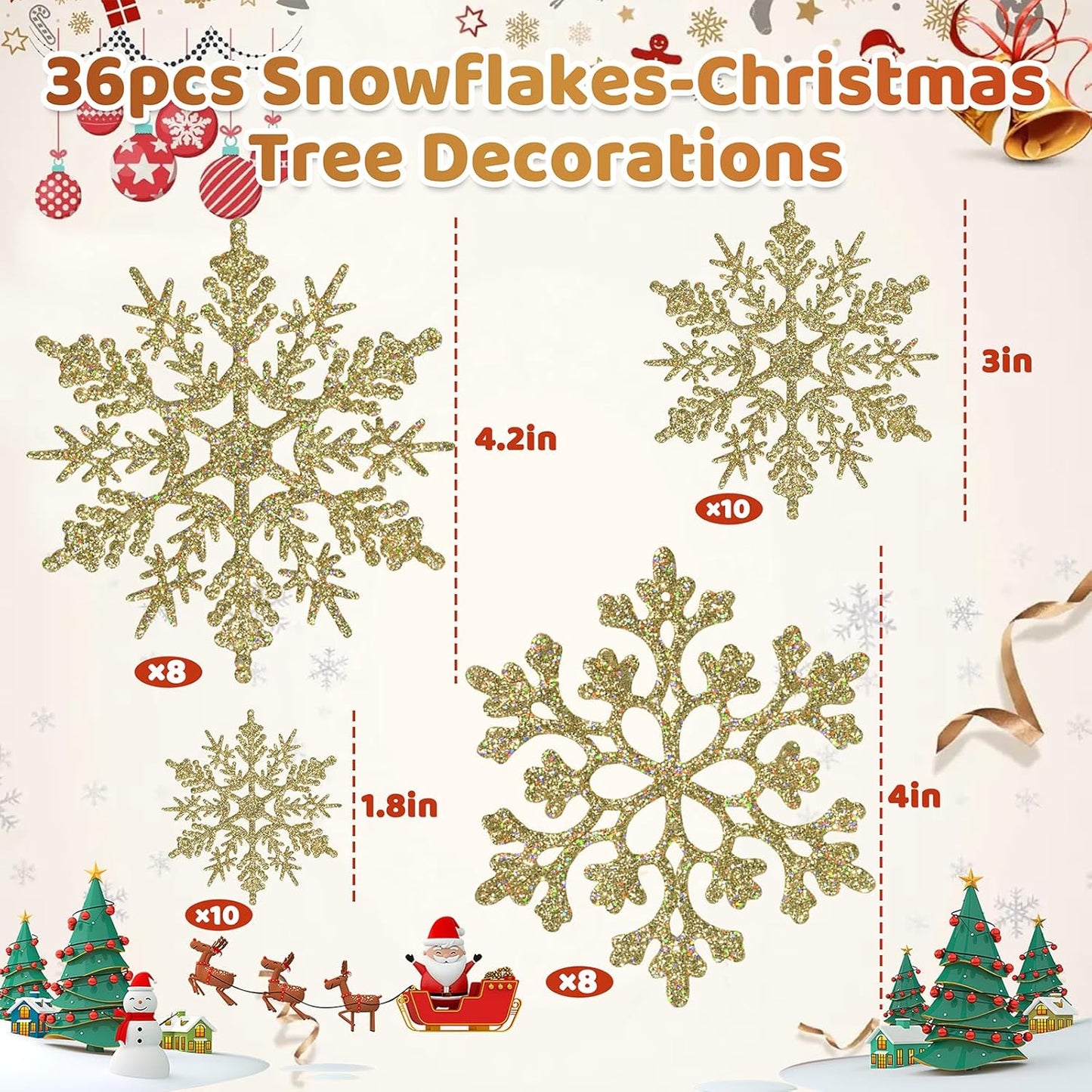 Christmas Tree Decorations Snowflake Ornaments, 36Pcs Glitter Gold Plastic Hanging Snowflakes from Ceiling Snow Flakes Decorating Hanging for Winter Wonderland Decorations Indoor Outdoor Decor