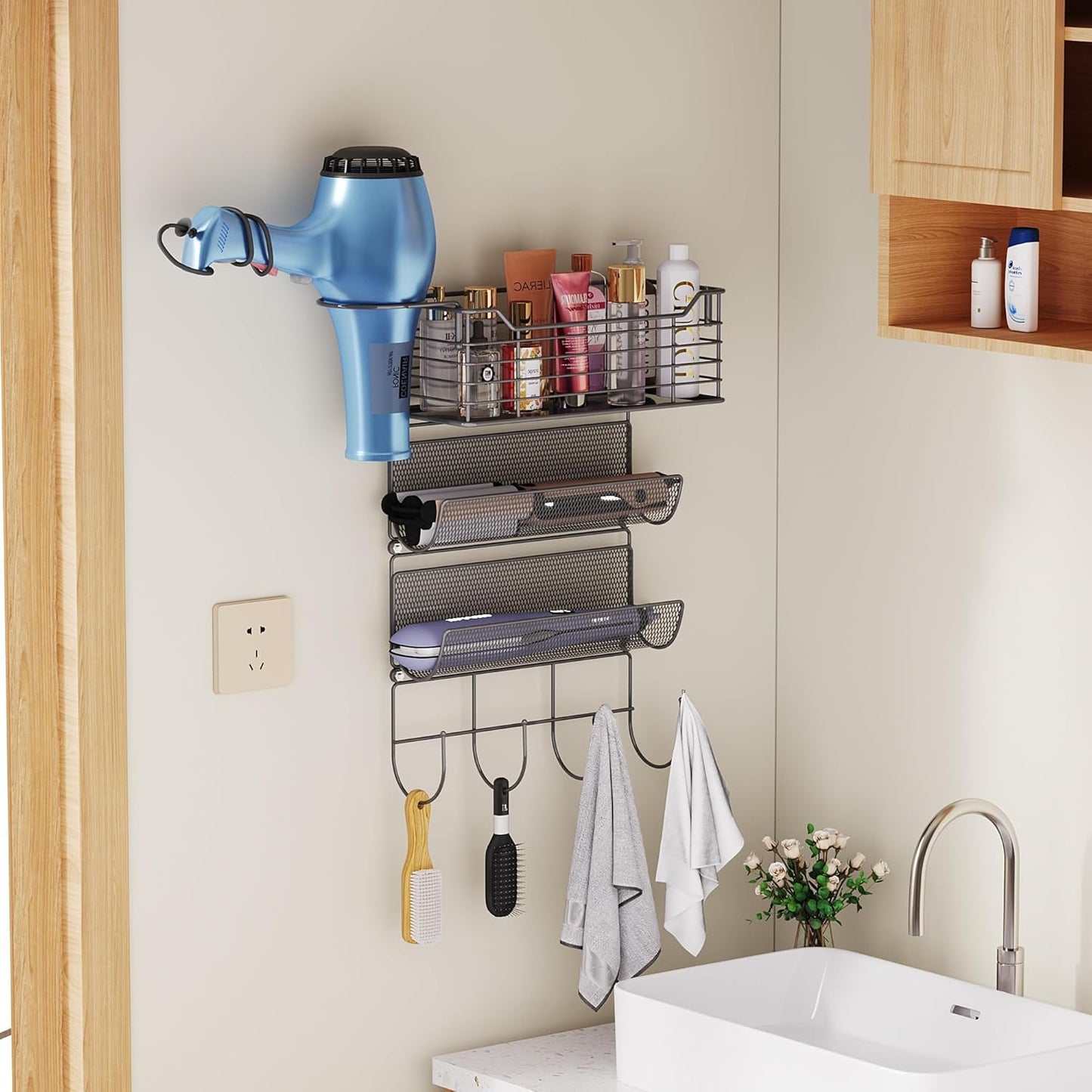 VITVITI Metal Hair Tool Organizer Wall Mount, Hair Dryer Holder with 3 Tier Shelf Basket Hooks, Bathroom Hair Styling Tool Organizer for Curling Iron/Blow Dryer/Straightener, Matte Black