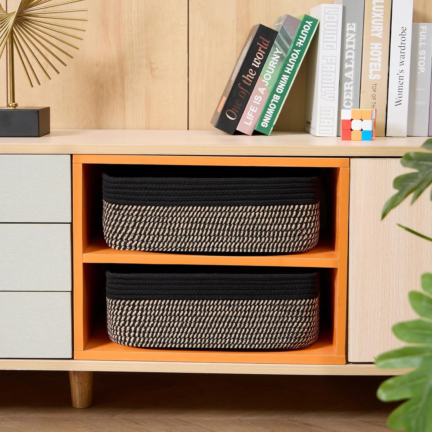 Large Shallow Organizing Baskets 15x11x5.1 Inches - Rope Woven Storage Bins for Bathroom, Shelves, Cube Closet, Black Woven Brown 2 Packs