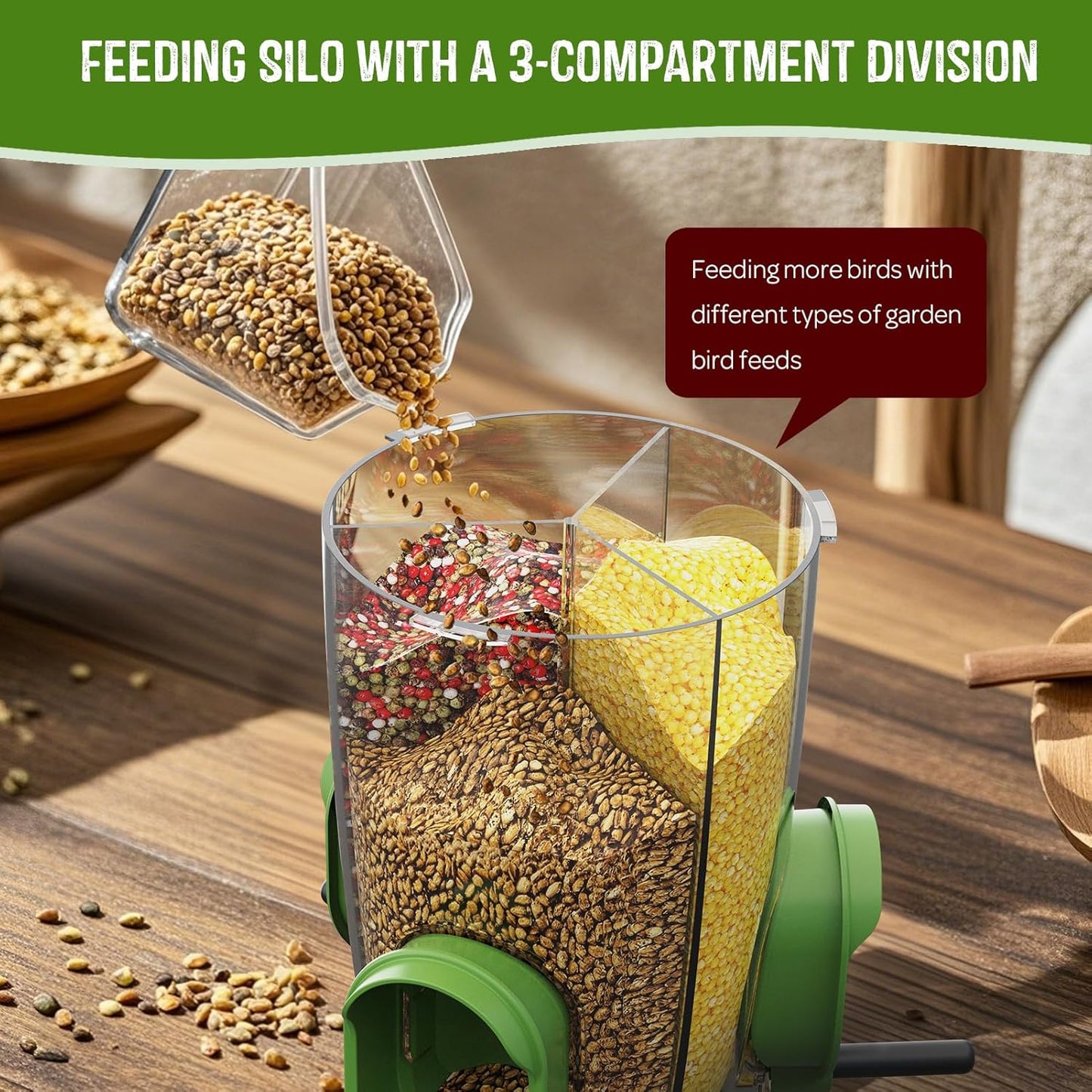 LONA Bird Feeders for Outdoors Hanging – 3 Separate Compartments, 3 Feeding Ports, Weatherproof Dome & 3 Ways to Hang, Large Capacity for Cardinals/Finches (Green，Plus