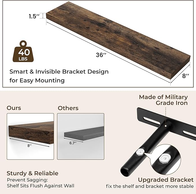 RICHFOCUS 36Inch Floating Shelves for Wall 2 Pack Shelves for Bedroom|Kitchen|Bathroom Wall Mounted Rustic Wood Floating Shelf with Invisible Brackets for Books|Storage|Decor, Rustic Brown