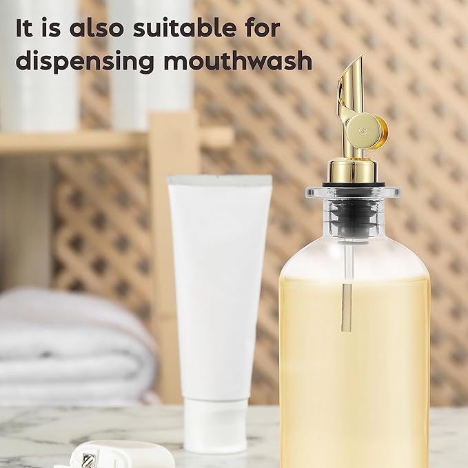 Olive Oil Dispenser Bottle - Includes 55 Kitchen Essential Labels - Cooking Oil Bottles for Kitchen, Coffee Syrup Dispenser - Pourer Spout with 11.8 fl oz Glass Container Cruet - 4pcs, Gold