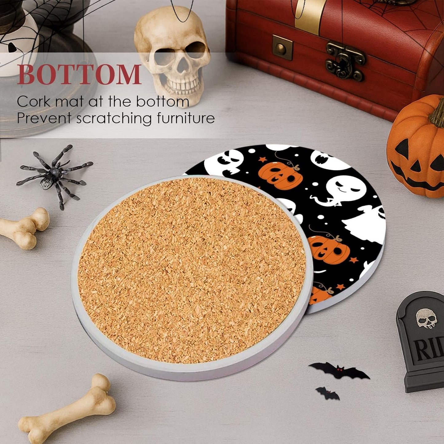 Coaster for Drinks Set of 6, Halloween Ghost Pumpkins Bats Holiday Black Absorbent Round Ceramic Stone Mat, with Cork Base and Metal Holder, Gift for Housewarming Room Bar Decor