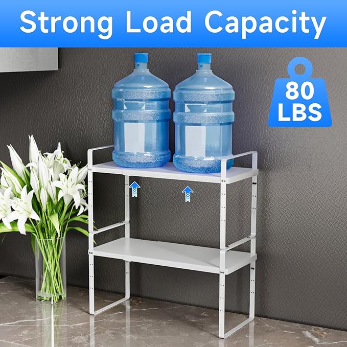 Expandable Cabinet Shelf Organizer, Stackable Kitchen Pantry Counter Storage, Adjustable Closet Cupboard Stand Rack Risers Spice Organization 80LBS Heavy Duty White Small 1 Pack