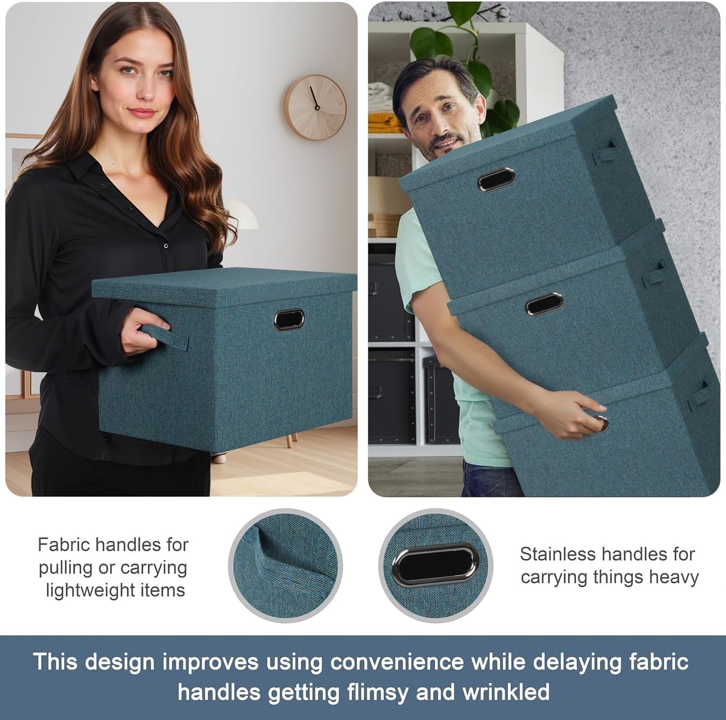 Large 17" 36 Quart Collapsible Stackable Storage Bins with Lids, 3 Packs Blue-Green Linen Fabric Closet Boxes with Lids, Storage Cube Baskets Container Organizers for Bedroom (17x12x11)