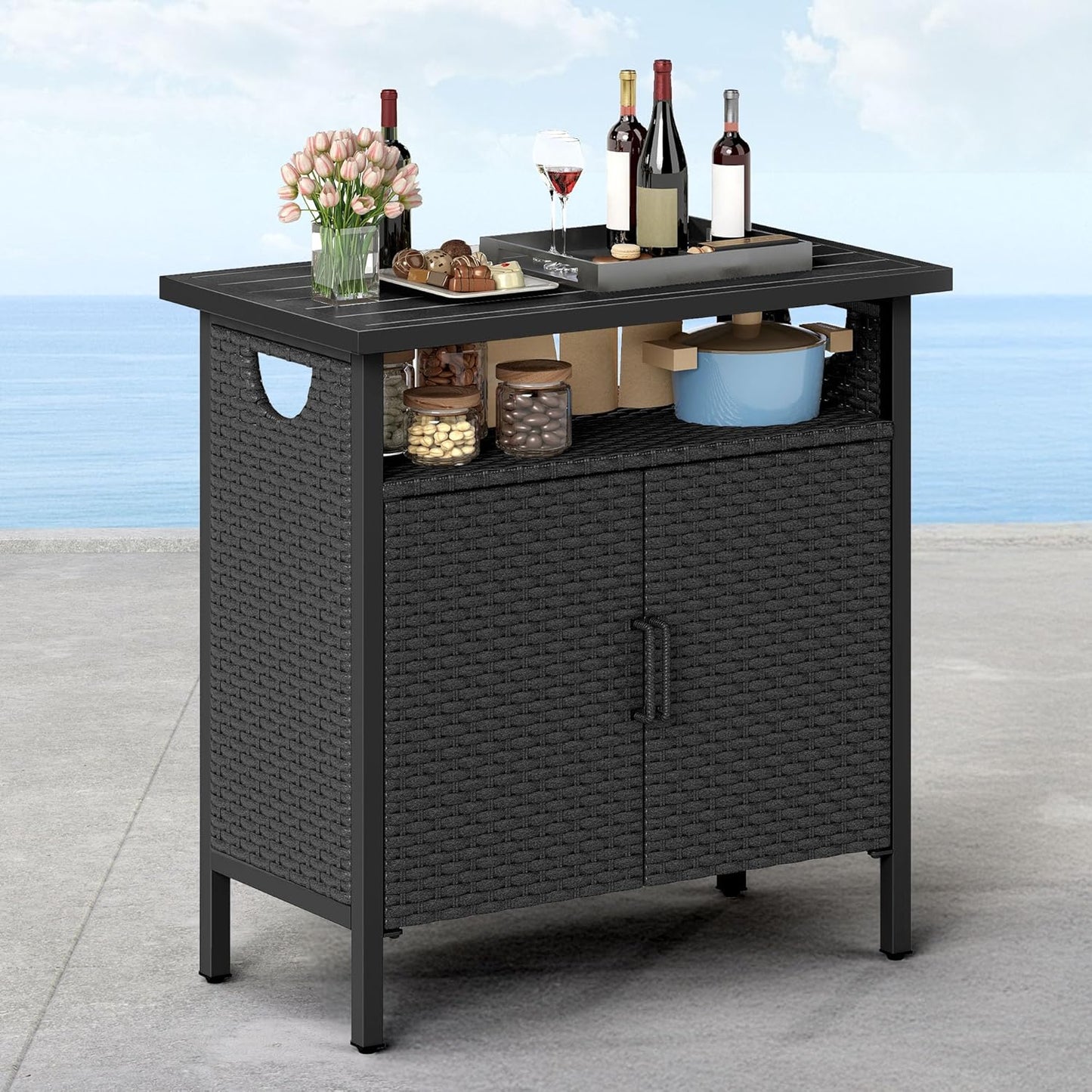 DWVO Patio Storage Cabinet, Outdoor Buffet Cabinet with Two Doors and Shelves, Outdoor Storage Bar Table with PE Rattan for Patio, Backyard, Garden - Black