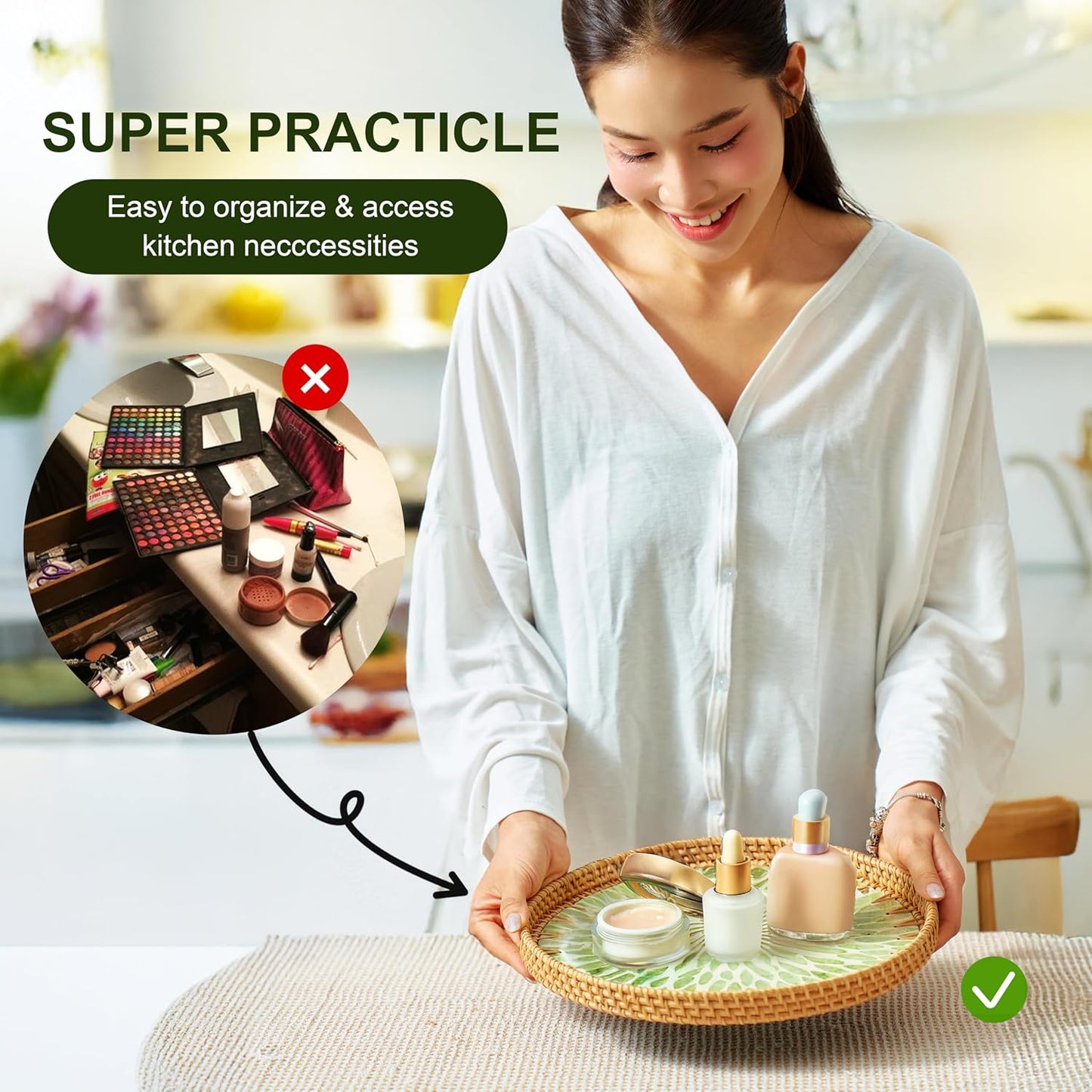 Round 12" Rattan Serving Tray with Mother of Pearl Inlay, Decorative Wicker Tray with Wooden Base for Coffee Table, Bread, Fruit, Food Display and Storage (Leaf)