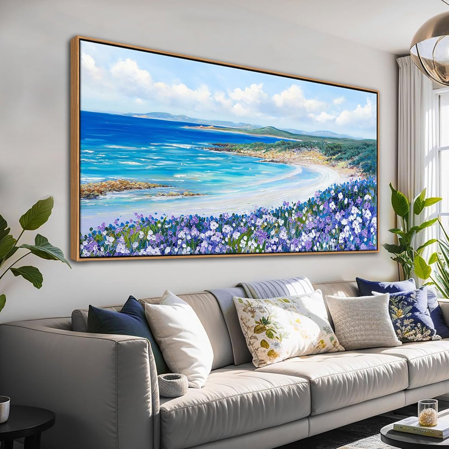 Mofutinpo Coastal Beach Wall Art,Large Purple Flower Landscape Canvas Wall Art for Living Room & Bedroom Decor, Framed Blue Beach Pictures & Paintings for Walls,Ocean Artwork for Home & Office 29x58IN