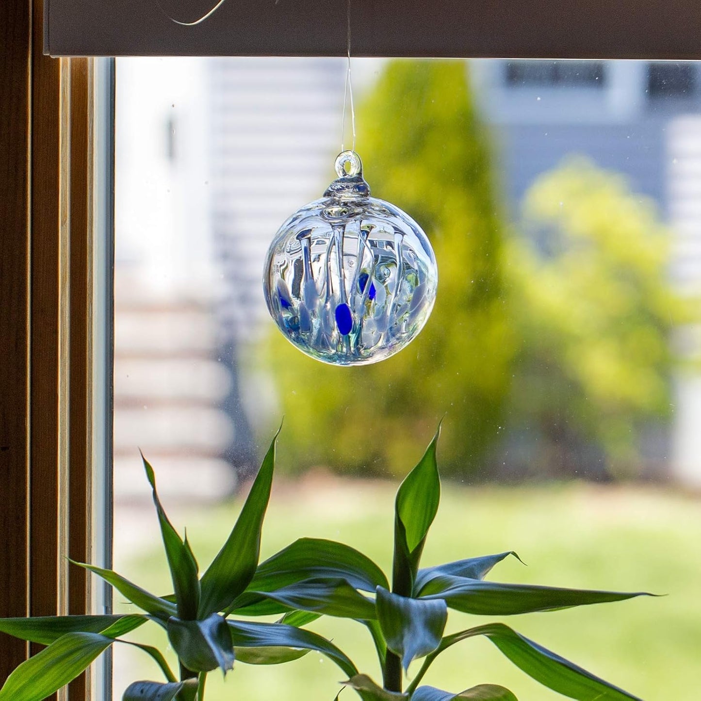Luke Adams Glass | 3" Mini Glass Tree of Life | Handmade Ornament | Hanging Garden Gazing Ball | Indoor Outdoor Home Décor | (Blue)