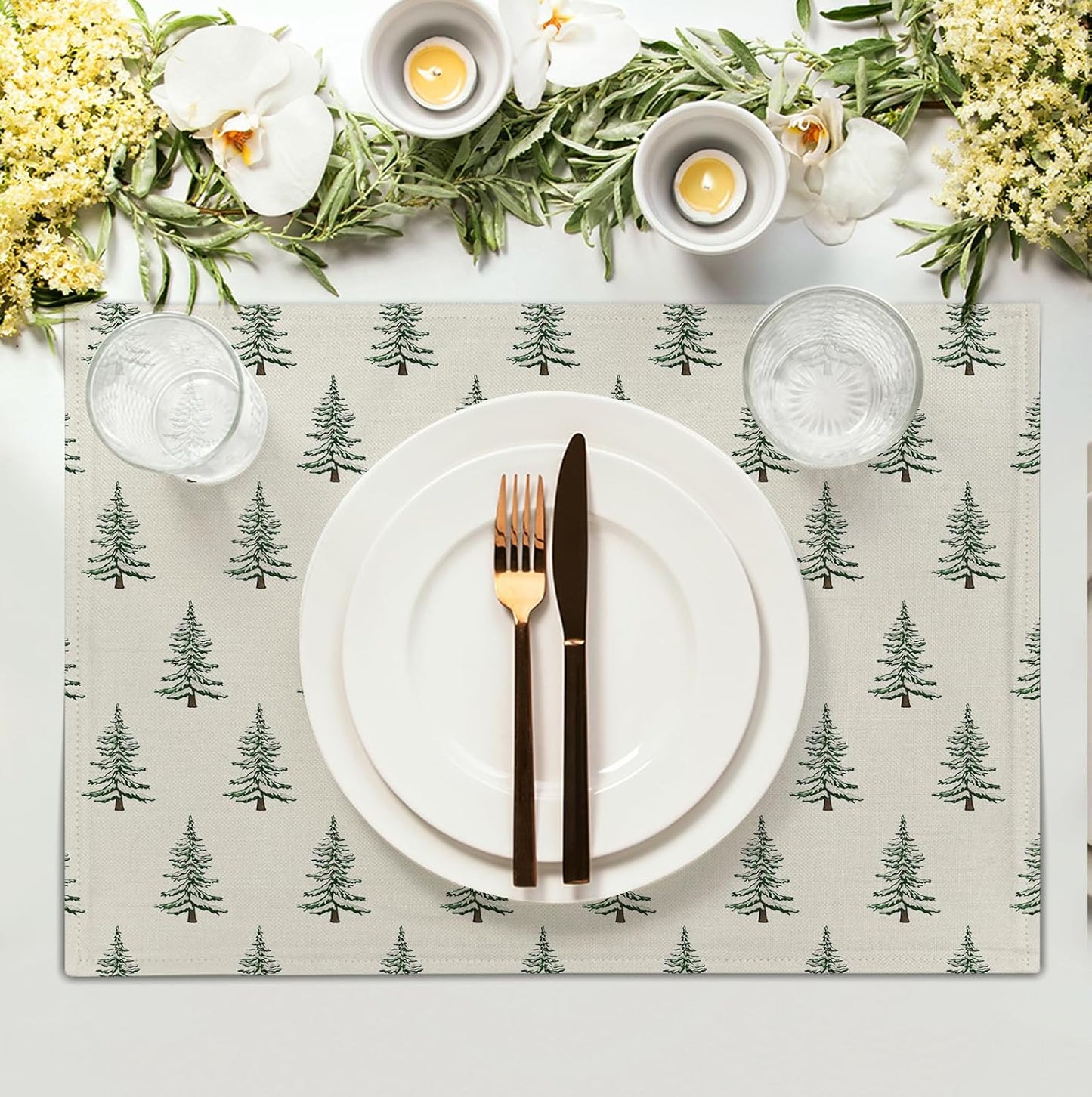 Pine Trees Christmas Placemats Set of 4 Xmas Tree Vintage Rustic Print Place Mats Winter Holiday Green White Farmhouse Linen Table Mats for Indoor Outdoor Kitchen Dining Party Decor