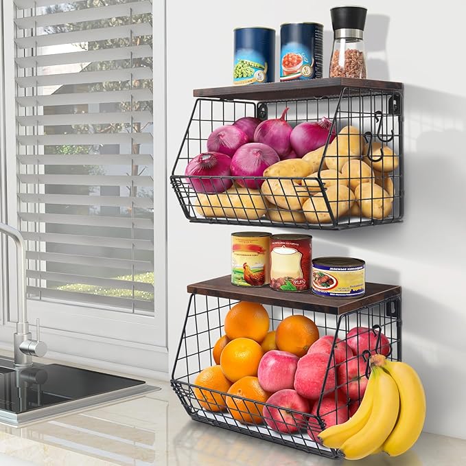2pcs Fruit Basket Kitchen Storage Basket with Wood Lid, Stackable Wall Basket Fruit Basket for Kitchen, Countertop Organizer for Snack, Fruit and Veggie Storage, 11.8 x 7.9 x 8.5 Inch