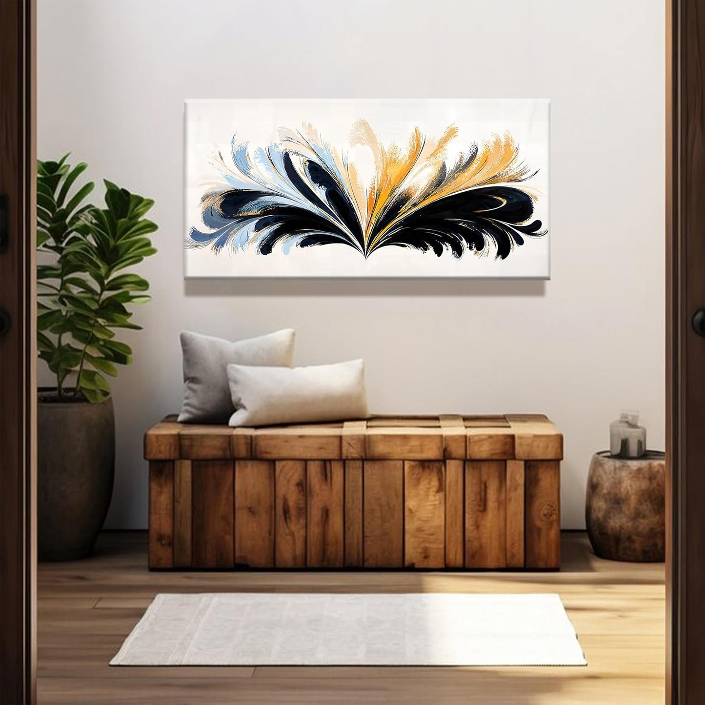 QSQ Black And Gold Abstract Wall Art Print Painting Canvas Art Wall Decor Artwork Abstract Blue Feather Wall Decor Pictures For Bedroom Kitchen Office Artwork 20 X 40 Inch Ready To Hang