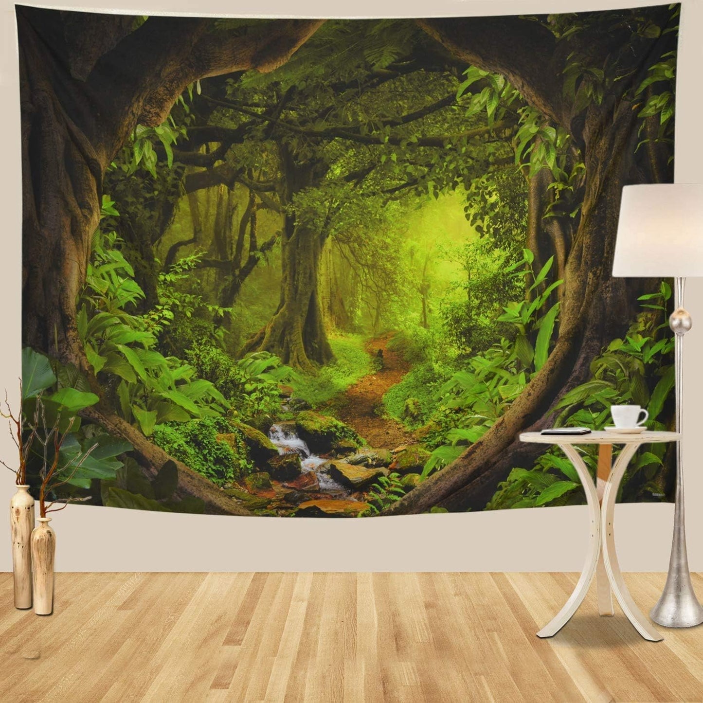 Tushelia Forest Nature Tree Cave Wall Hanging - Misty Forest Stream Through Rainforest Landscape Jungle Creek Psychedelic Tapestry for Living Room