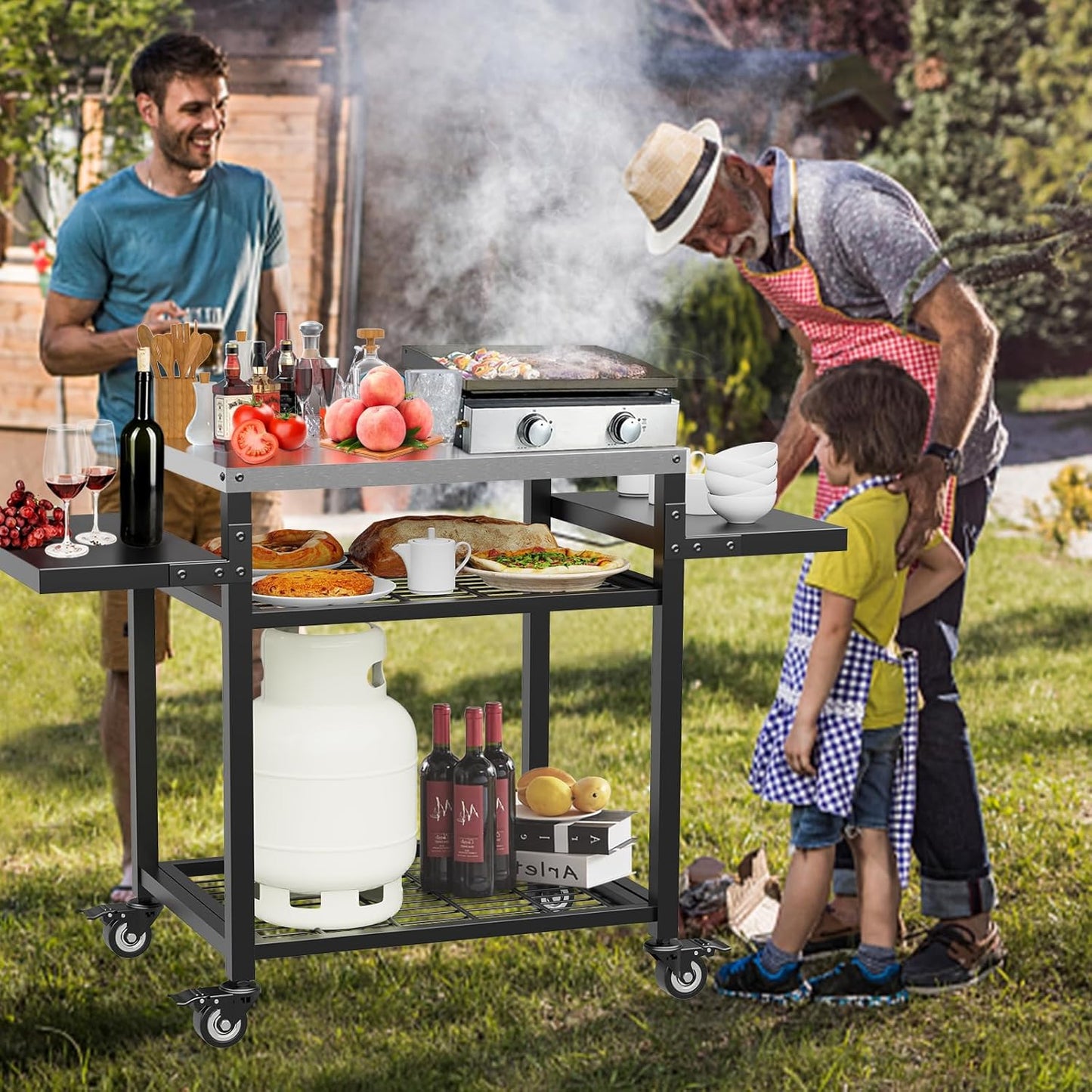 Outdoor Grill Table, Stainless Steel Grill Cart for Blackstone Griddle, Pizza Oven Stand for Onni, Kitchen Cooking Prep Table BBQ Cart for Party, Bar, Camping