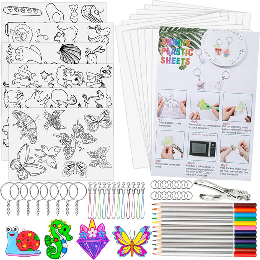 Natonhi 239Pcs Heat Shrink Plastic Sheets Keychain Kit, Including 40 Shrinky Art Paper,6 Traceable Picture, Hole Punch, Pencils, Keychains Accessories for Kids Shrinky Dinks Creative Craft Marking