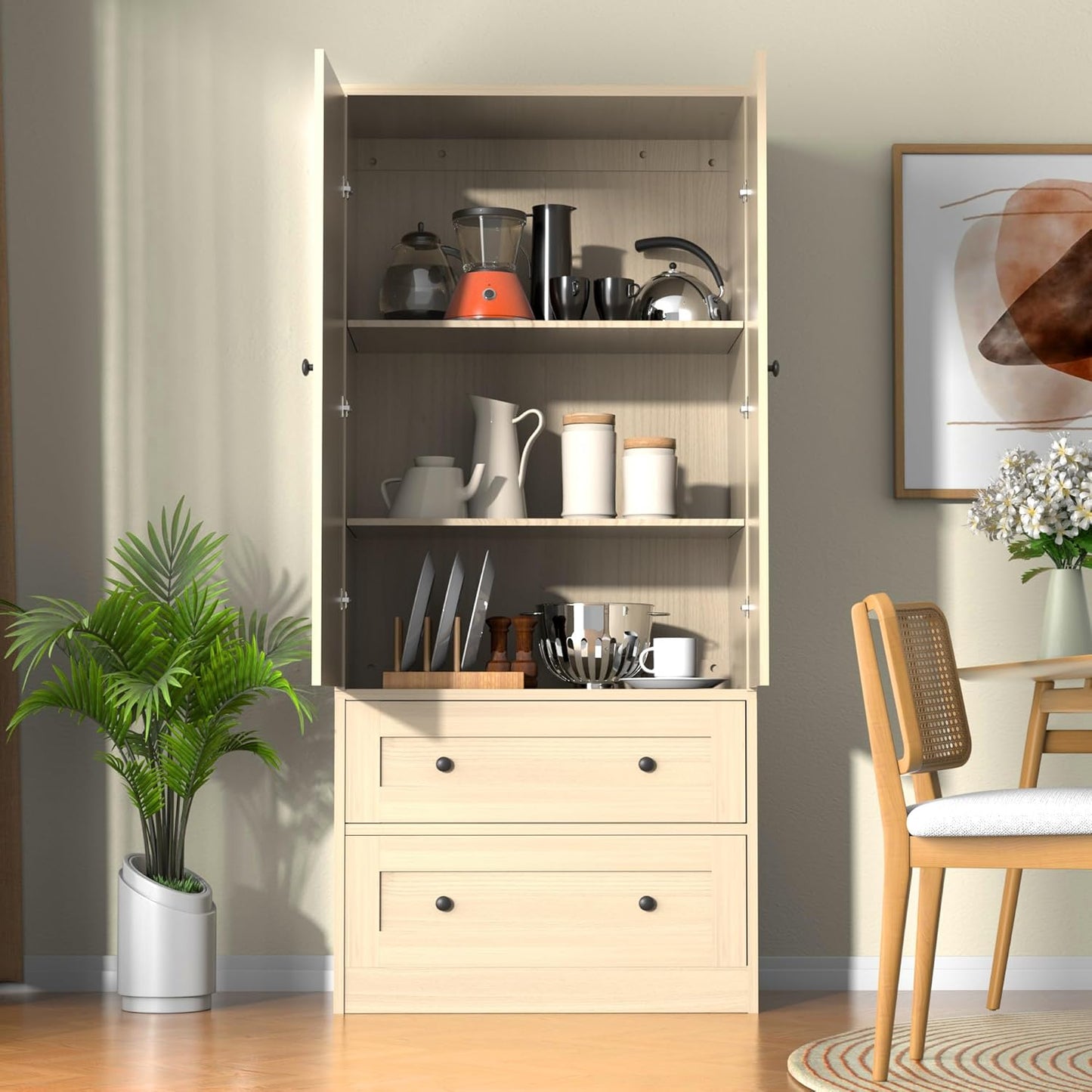 Rattan Oak Kitchen Pantry, 64.2" Tall Storage Cabinet with Doors and Drawers, Freestanding Wooden Storage Organizer for Kitchen, Dining Room