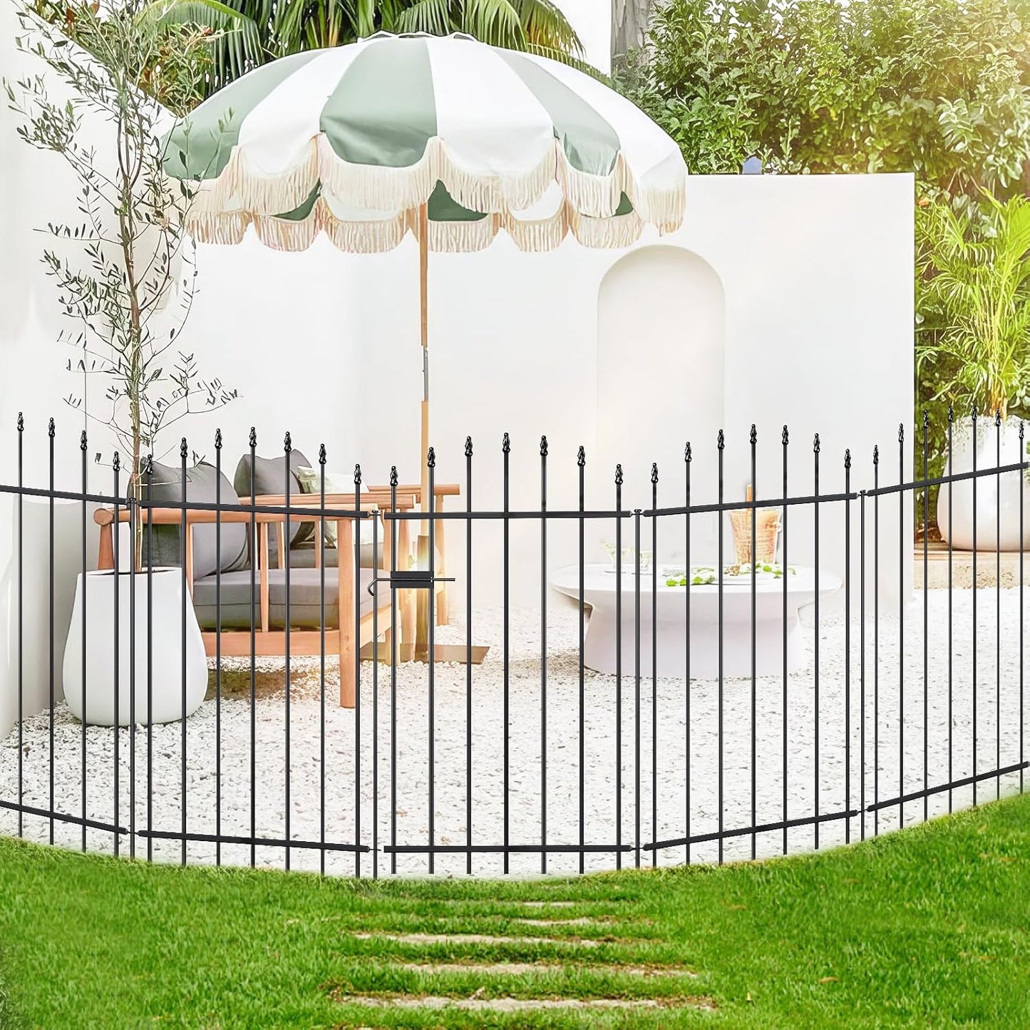 Metal Garden Fence with Gate 42 in H x 12 ft L, 1 Gate + 5 Panels Border Dog Fence Panels Animal Barrier, No Dig Garden Fencing for Yard Patio Flower Bed Lawn Outdoor, Arch Black