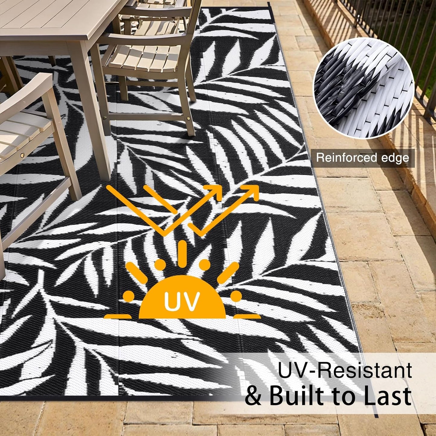 OLANLY Waterproof Outdoor Rug 6x9 ft, Reversible Outdoor Plastic Straw Rug with Leaf Pattern, RV Mat, Indoor Outdoor Carpet for Patio, Camping, Balcony, Deck, Backyard, Black & White