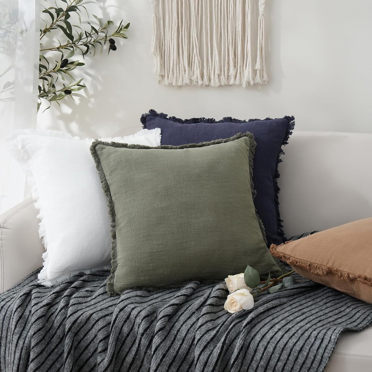 Foindtower Set of 2 Decorative Linen Fringe Throw Pillow Covers Cozy Boho Farmhouse Cushion Cover with Tassels Soft Accent Pillowcase for Couch Sofa Bed Living Room Home Decor, 22×22 Inch, Olive Green