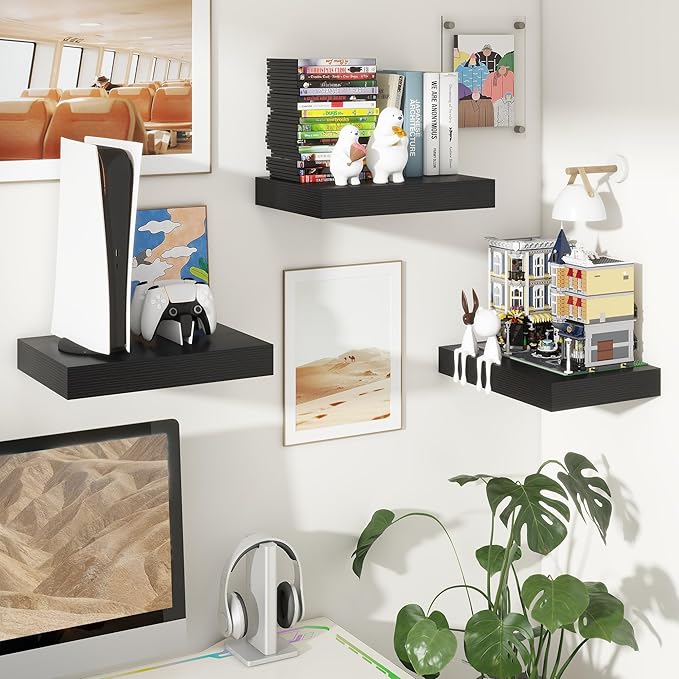 Black Deep Floating Shelves for Wall | 16 Inch Wide x 12 Inch Deep Floating Shelves Set of 2 | Rustic Wood Wide Wall Shelves | Bookshelf Laundry Shelf TV Shelf