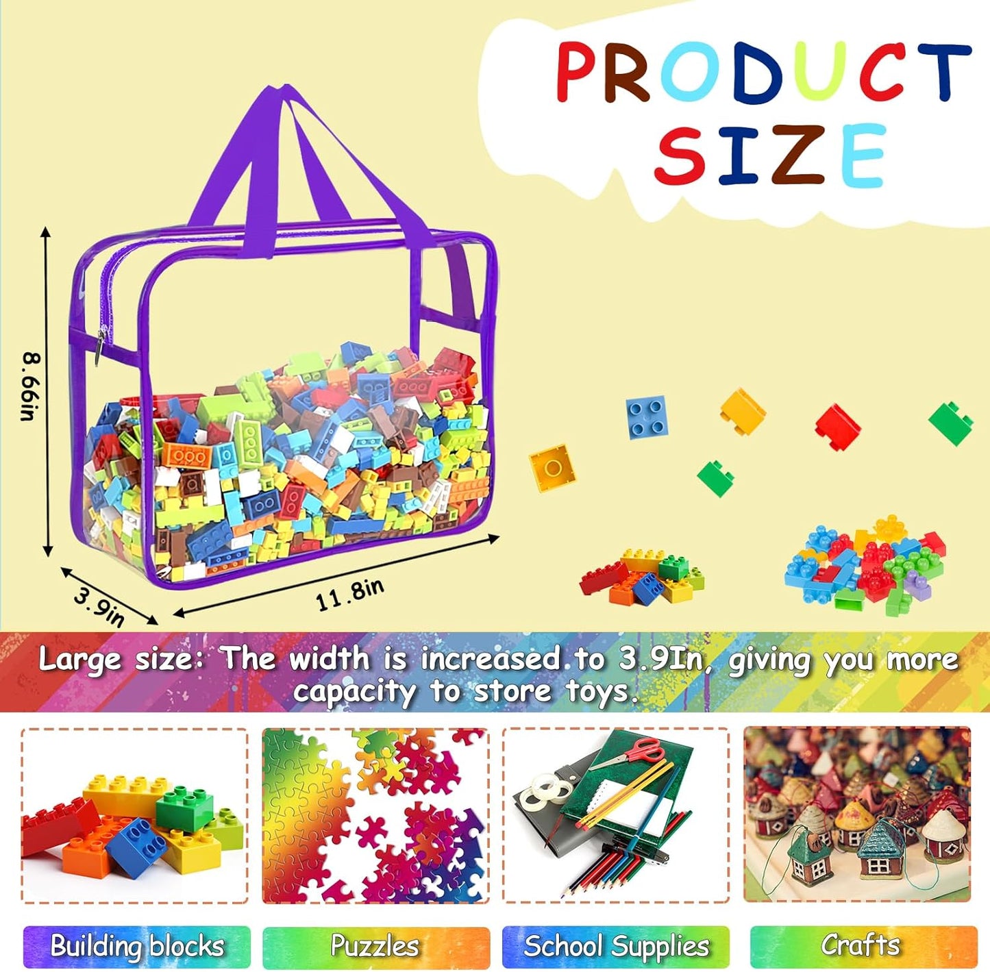 OPELETNNT 6 Color Large Toy Storage Bags with Labels, Reusable Clear PVC Board Game Storage, Travel Waterproof Organizer Bags with Zipper for Building Blocks, Puzzle, Kids Books