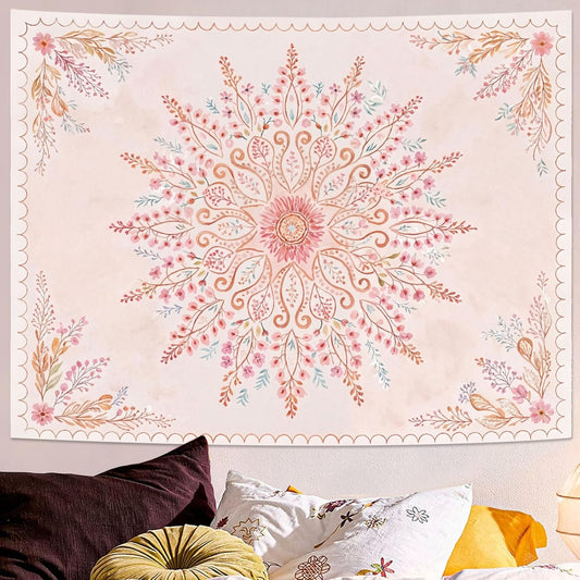 Lunerfex Floral Mandala Tapestry Boho Tapestry for Bedroom Pink Tapestries Wall Hanging Living Room Wall Art and Home Decor 44x60