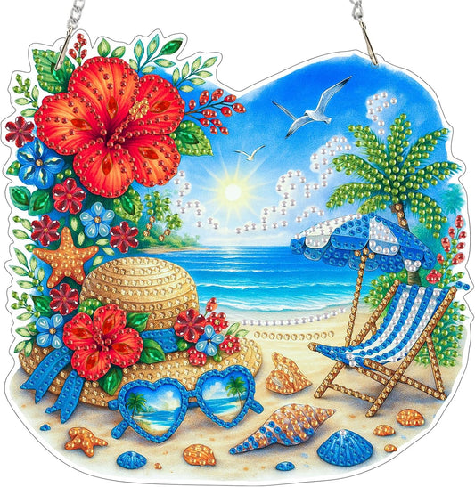 EOBROMD Diamond Hanging Art Kits for Adults, Beach Holiday DIY Special Shaped Rhinestone Kits for Adults, Diamond Art Painting Suncatcher, Window Pendants Home Garden Wall Hanging Ornament