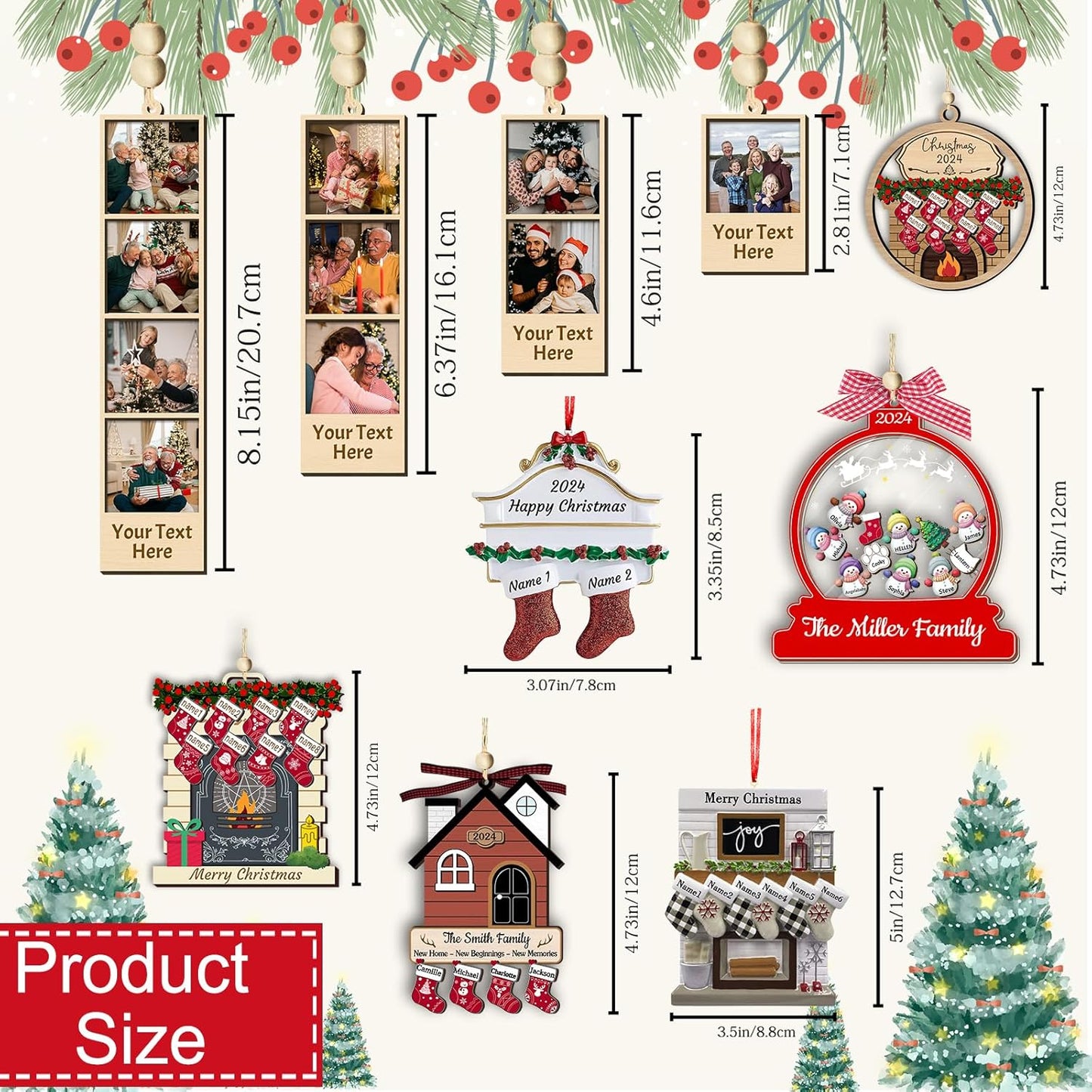 Personalized Christmas Ornaments with Names of 2/3/4/5/6/7/8 Custom Family Ornament Customized Xmas Tree Hanging Wood Decoration Gift White Fireplace