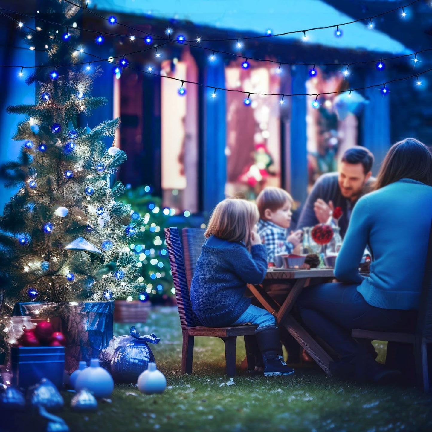 JMEXSUSS 2 Pack Blue & White Solar String Lights, Each 100 LED 33ft, Waterproof, 8 Modes for Outside Garden Patio Party Decoration