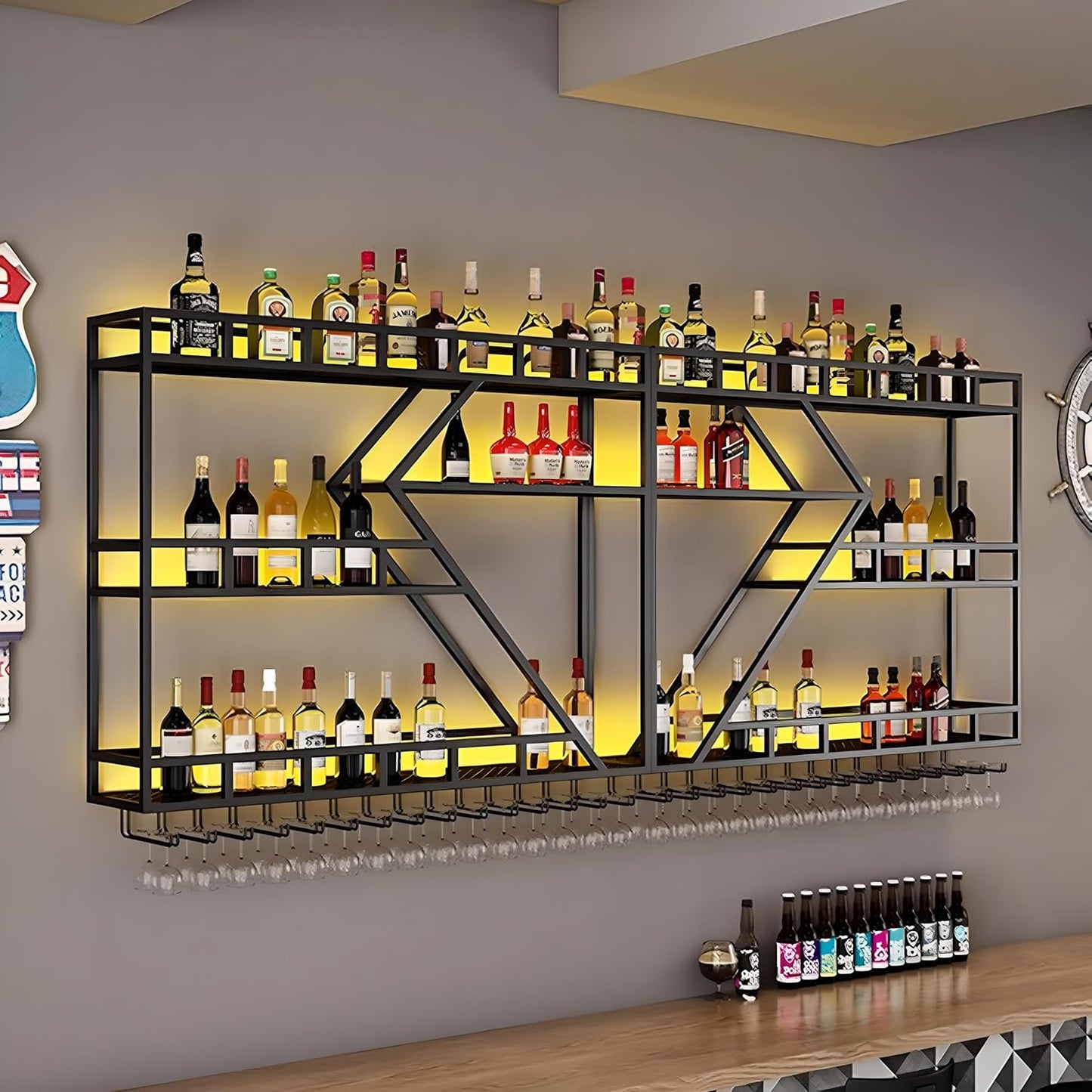 Wall Mounted Wine Rack with Glass Holder, 3-Tier Metal Storage Shelf, Black Diamond Design, Wine Bottle Display with Stemware Storage (Black, 78.74in/200cm)