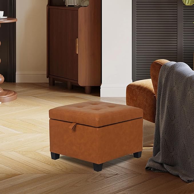 Adeco 17.5" Faux Leather Storage Ottoman with Hinged Lid, 14 Inch High Square Cube Foot Stool with Storage, Upholstered Vanity Stool with Solid Wood Legs for Living Room, Bedroom, Dorm (Warm Orange)