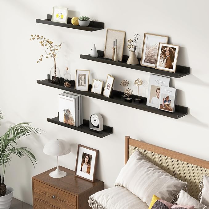 Picture Ledge Shelf for Wall, 24 inch Solid Pine Wood Nursery Book Shelves 2 Packs, Floating Ledge Shelves for Kids' Room Bedroom Bathroom Living Room Photo Frames Office Nursey Wall Decor, Black