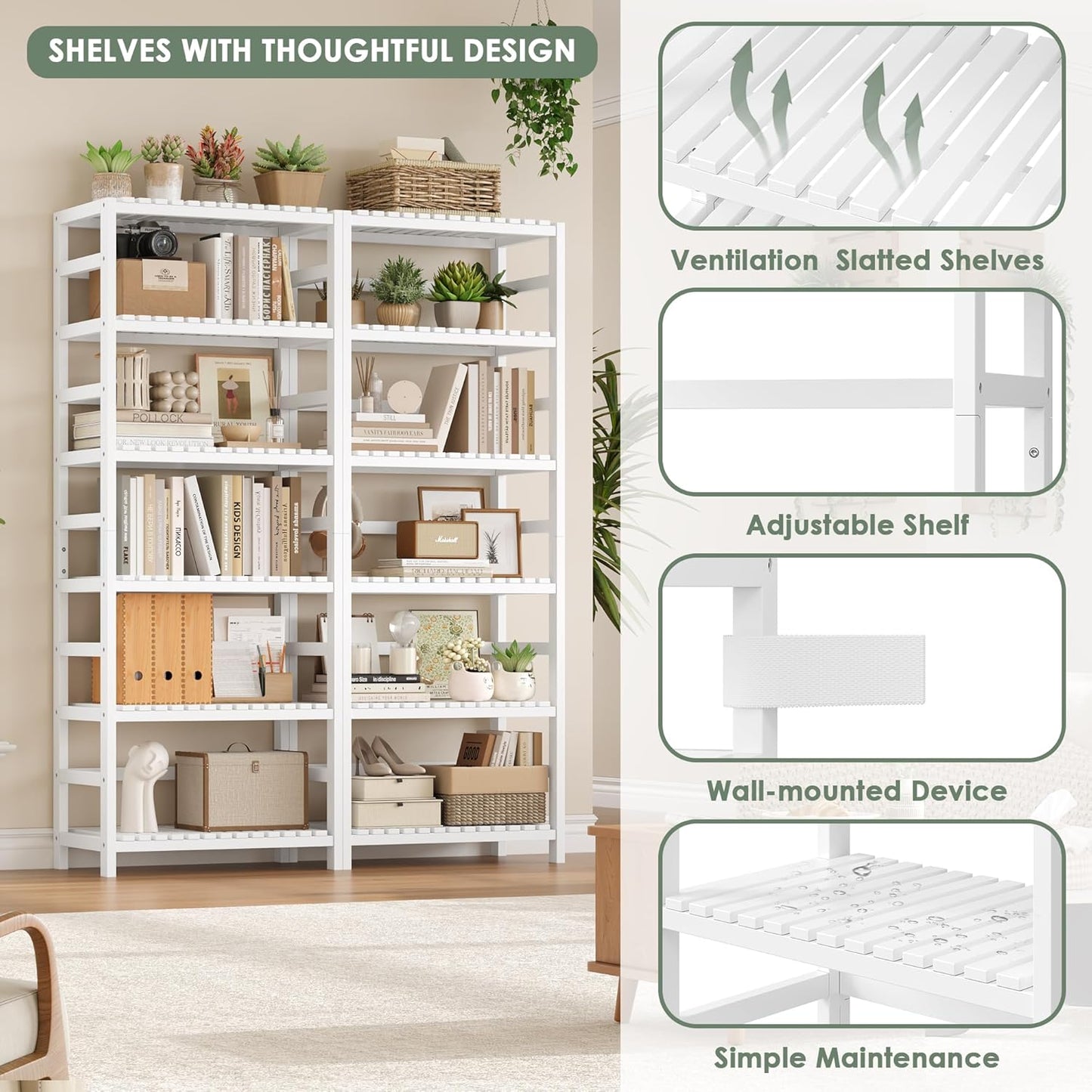 FOTOSOK 6-Tier Bamboo Shelf Set of 2, Bamboo Bookcase with Adjustable Shelves, Free Standing Storage Shelf Unit Plant Flower Stand, Tall Large White Bookshelf for Kitchen, Bathroom, Home Office, White