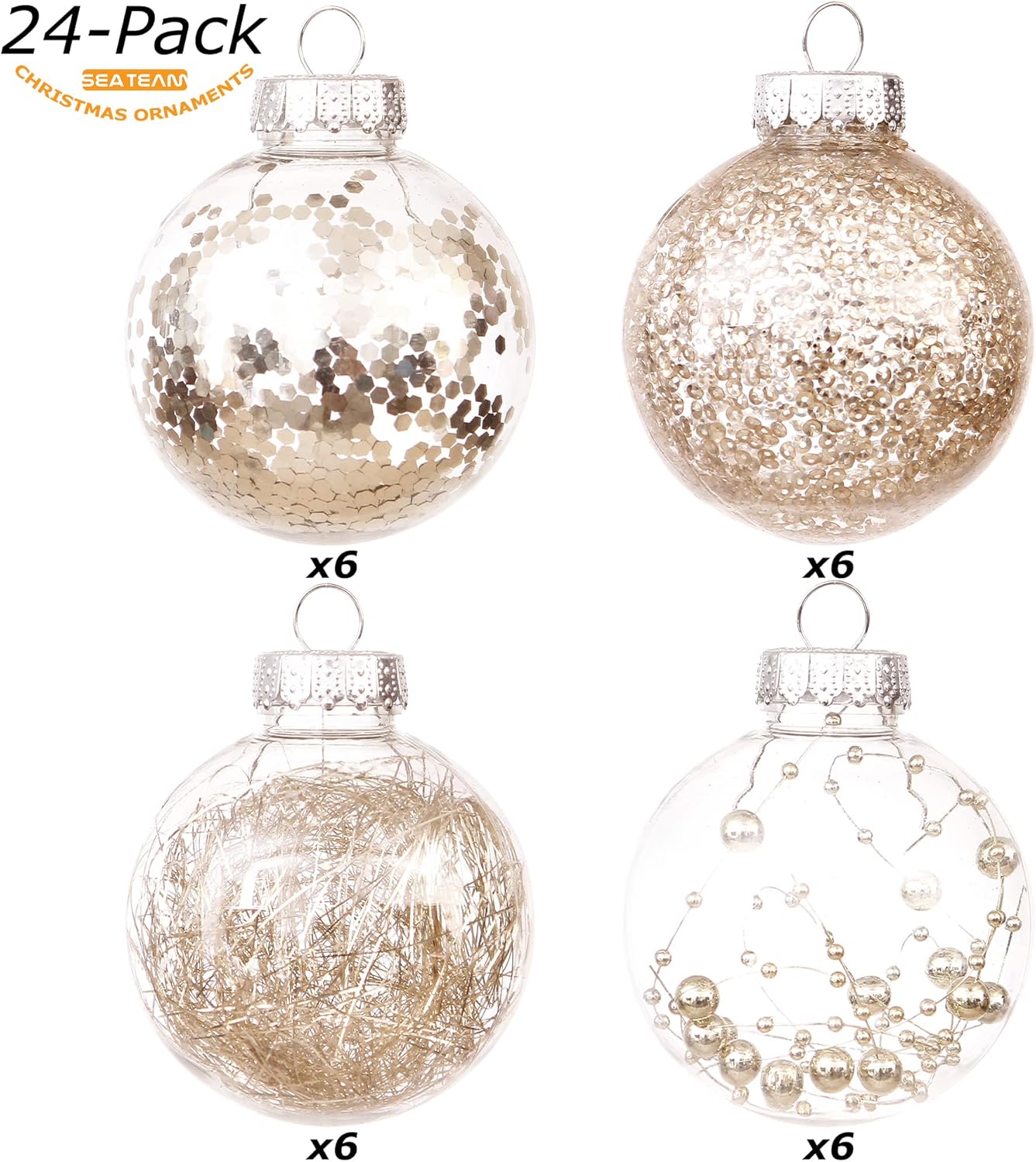 Sea Team 70mm/2.76" Shatterproof Clear Plastic Christmas Tree Ball Ornaments Set, Decorative Hanging Transparent Xmas Baubles with Stuffed Delicate Decorations (24 Counts, Champagne)
